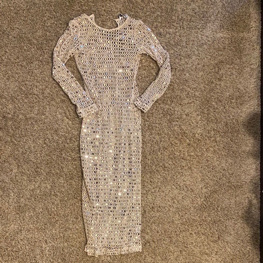 Walter Baker Silver Open-Knit Long Sleeve Midi Dress